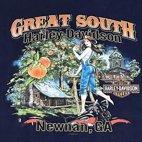 HARLEY DAVIDSON Tee Shirt Mens 2XL Navy Georgia Peach Biker Pin Up Girl 2009 - Picture 1 of 8